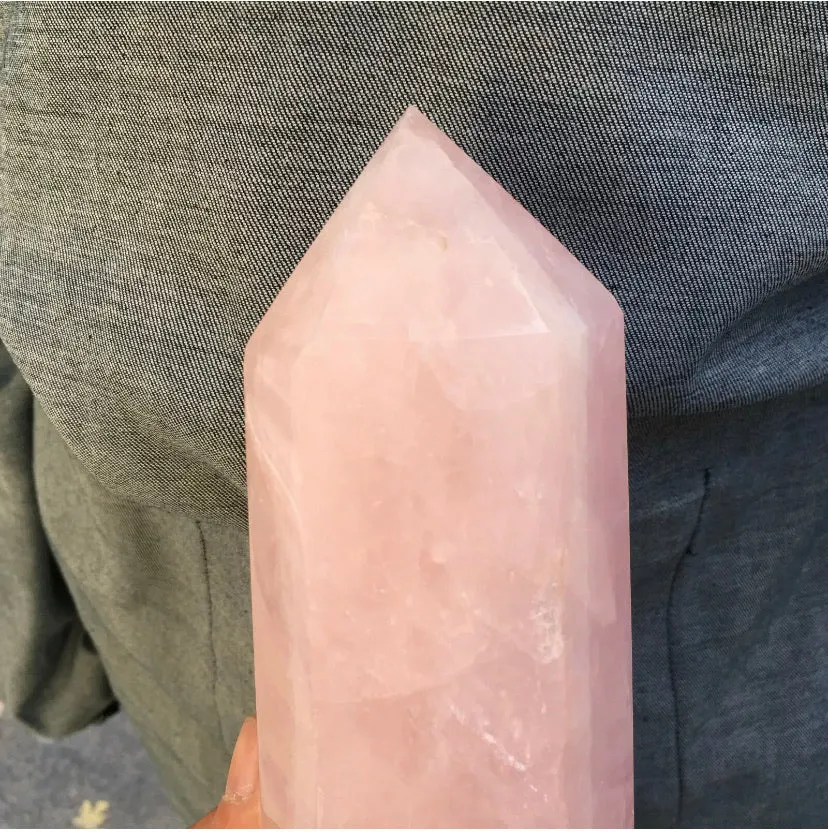 Natural  pink rose quartz gemstone crystal tower point obelisk