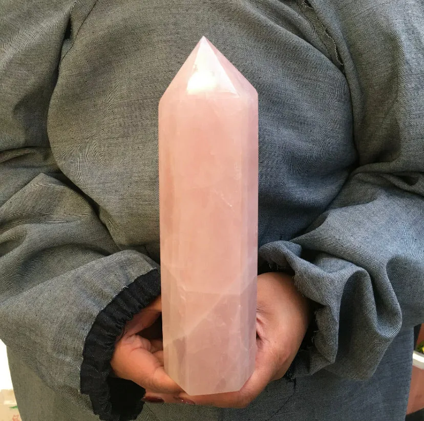 Natural  pink rose quartz gemstone crystal tower point obelisk