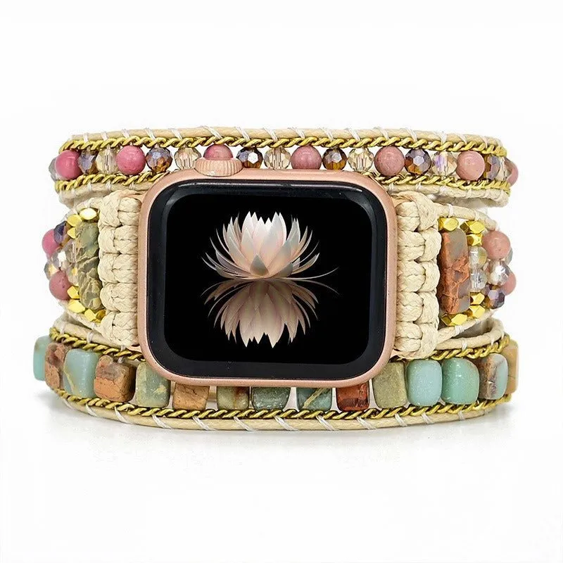 Natural Stone Watchband 3-Layer Winding Apple Watch Band Stone Bead Woven Watchband Bracelet