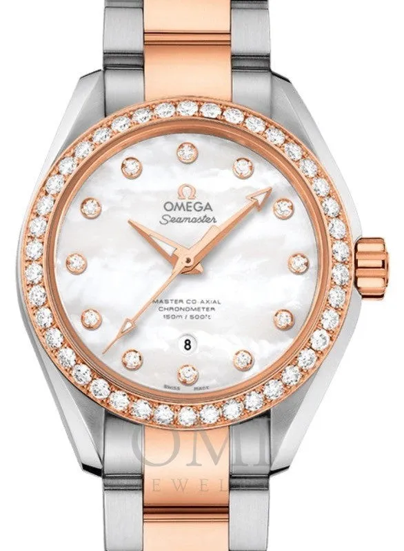 OMEGA SEAMASTER AQUA TERRA 150M MASTER CO-AXIAL CHRONOMETER 34MM STAINLESS STEEL SEDNA GOLD DIAMOND BEZEL WHITE MOTHER OF PEARL DIAL DIAMOND SET INDEX 231.25.34.20.55.005 WITH STEEL AND ROSE GOLD BRACELET