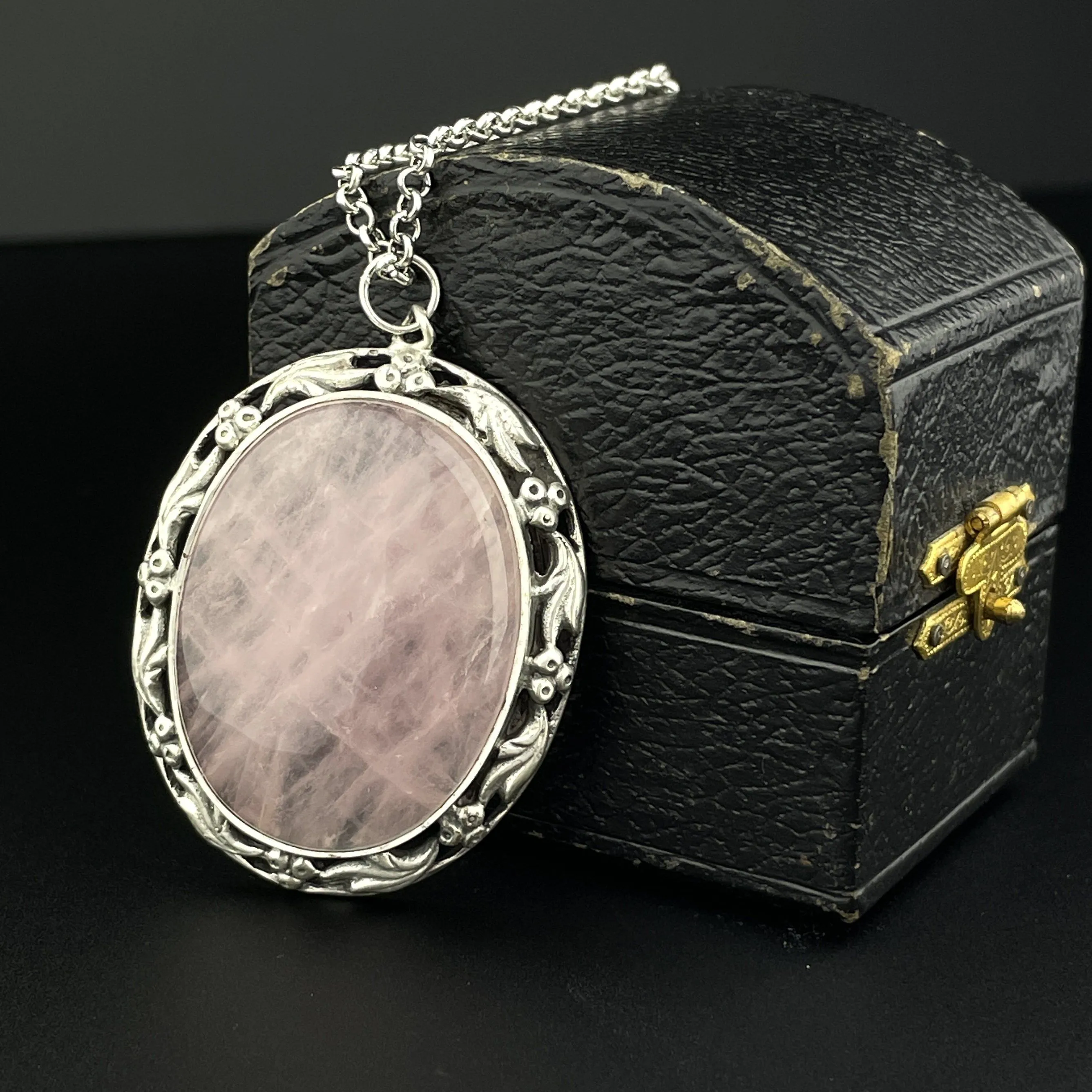 ON HOLD Silver Art Nouveau Style Large Pink Rose Quartz Pendant Necklace