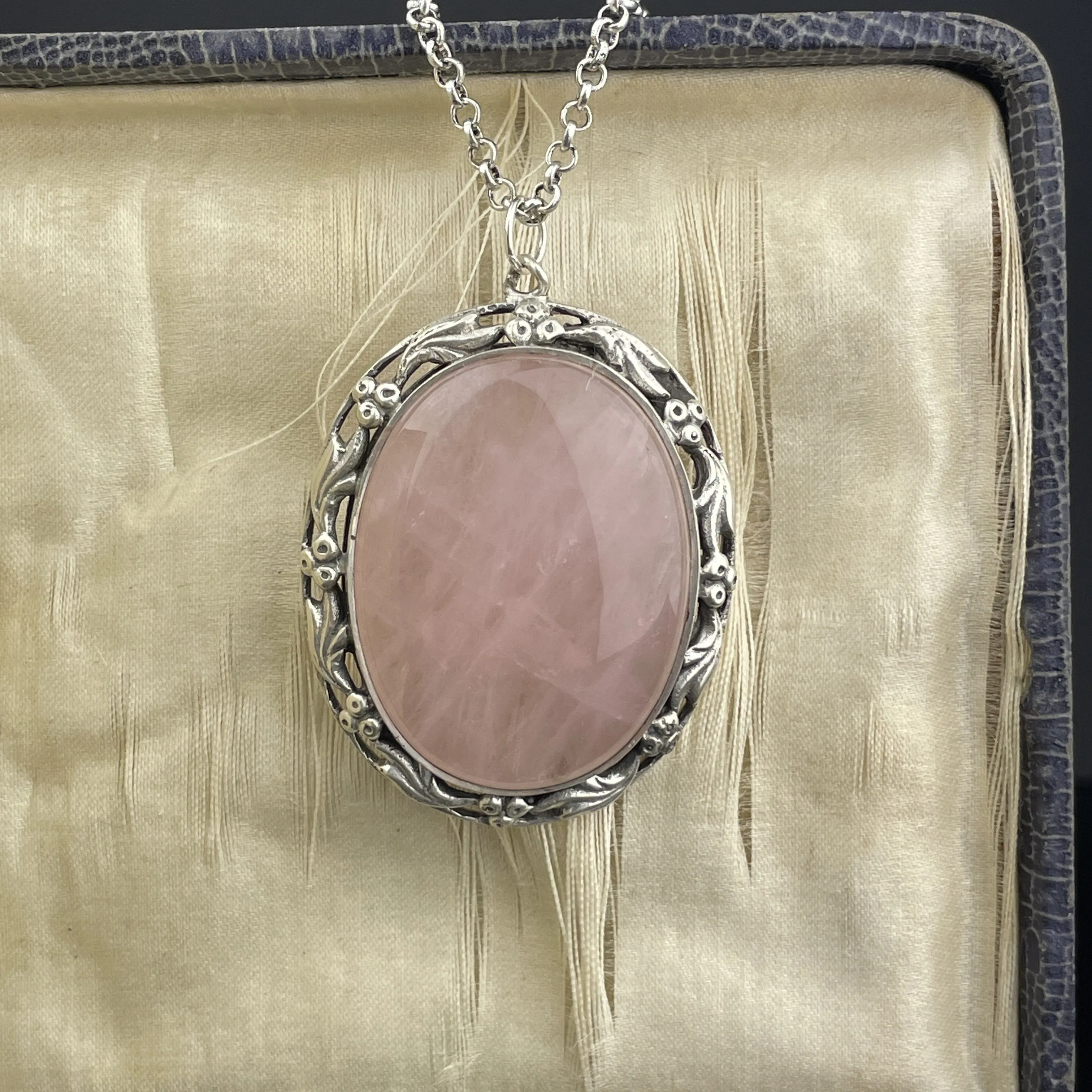 ON HOLD Silver Art Nouveau Style Large Pink Rose Quartz Pendant Necklace