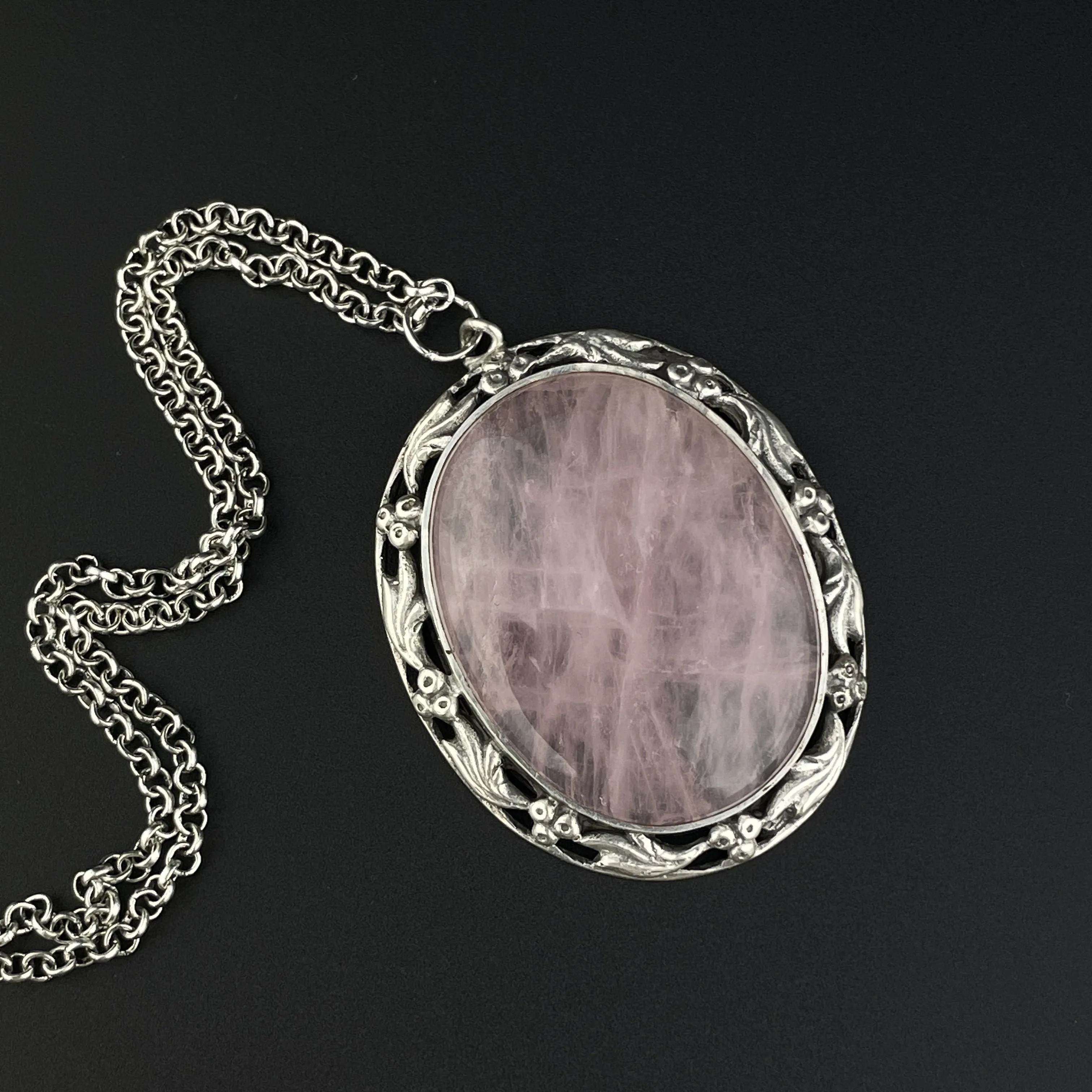 ON HOLD Silver Art Nouveau Style Large Pink Rose Quartz Pendant Necklace