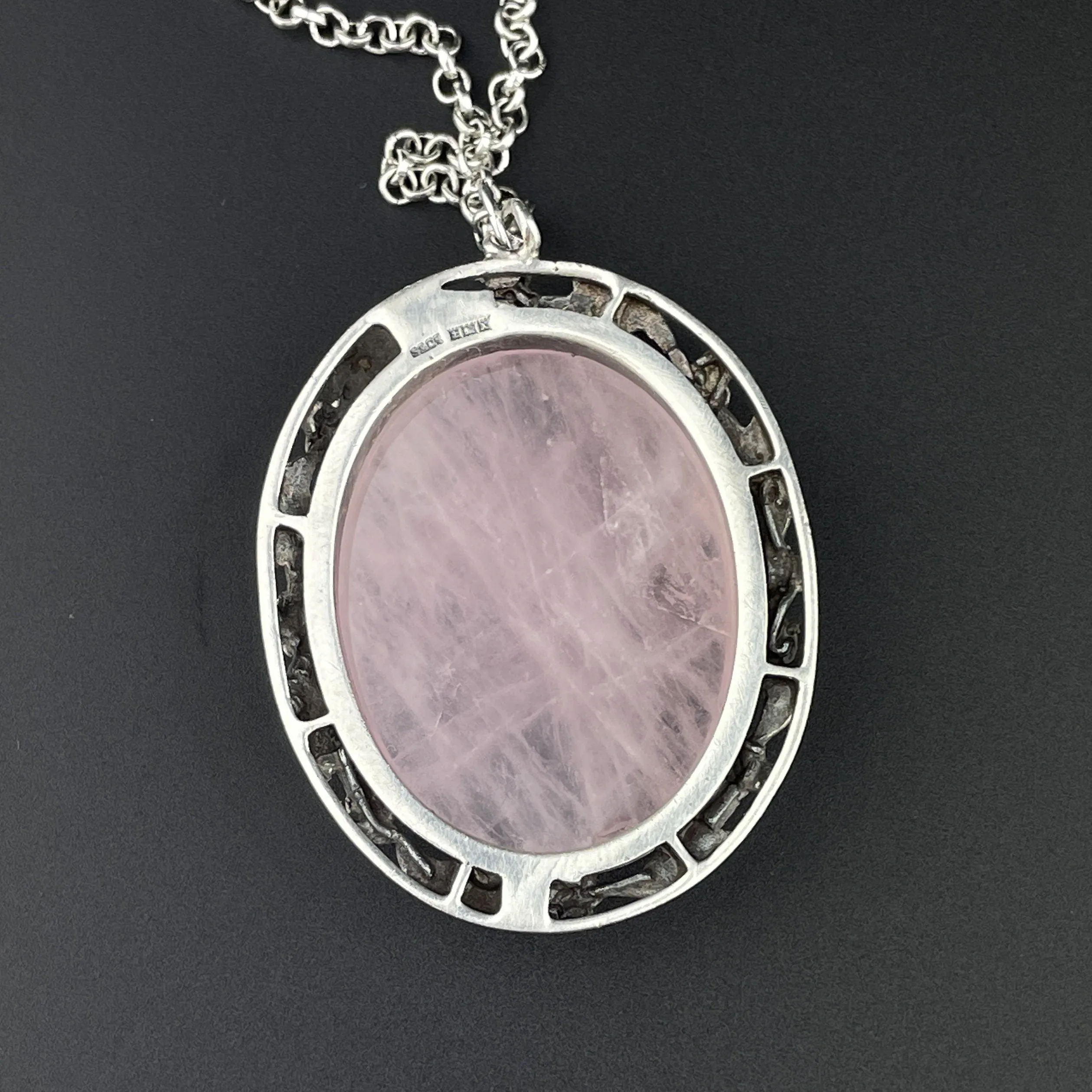 ON HOLD Silver Art Nouveau Style Large Pink Rose Quartz Pendant Necklace