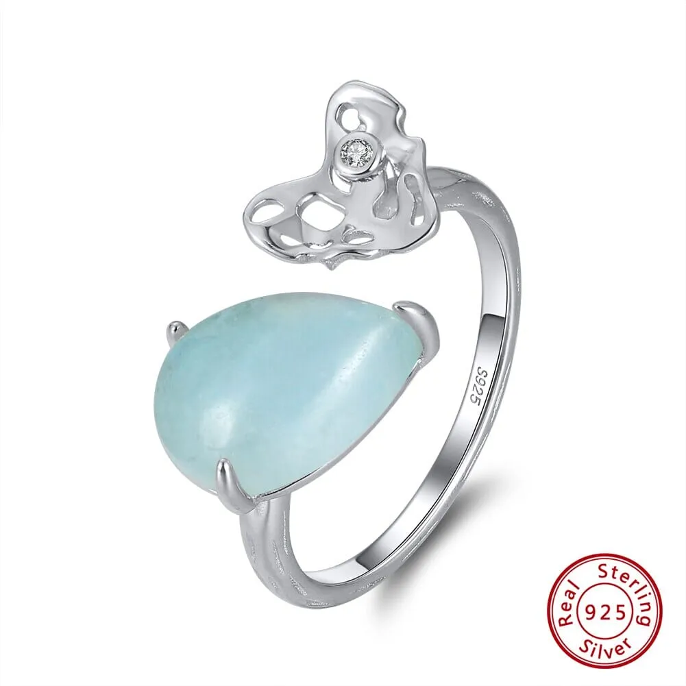 Pear Shape Aquamarine Heart 925 Sterling Silver Adjustable Ring