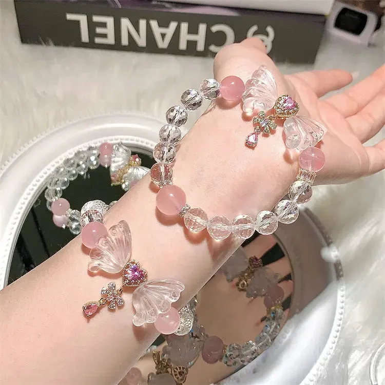 Pink Butterfly Charm Clear Quartz Bracelet