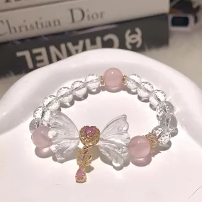 Pink Butterfly Charm Clear Quartz Bracelet