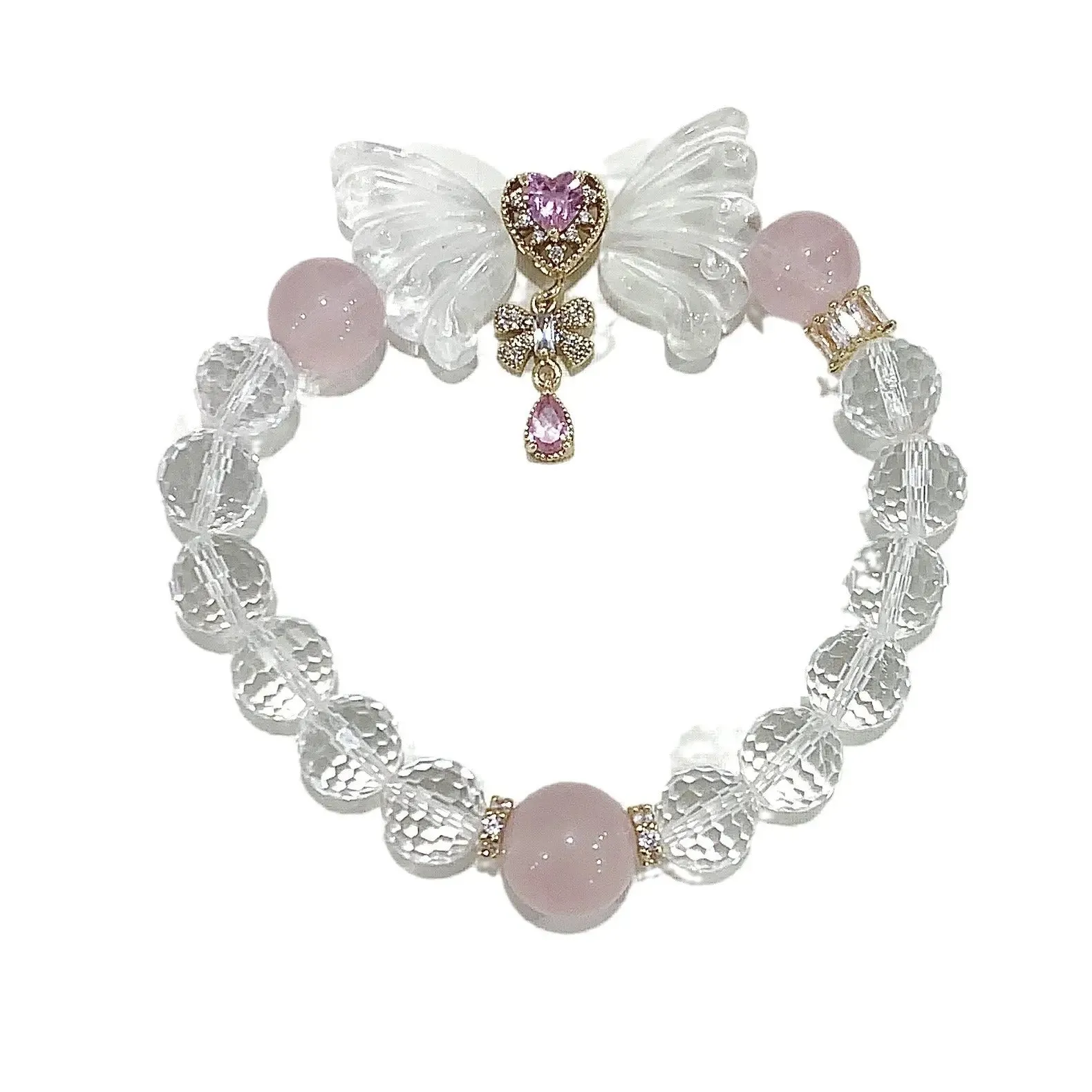 Pink Butterfly Charm Clear Quartz Bracelet