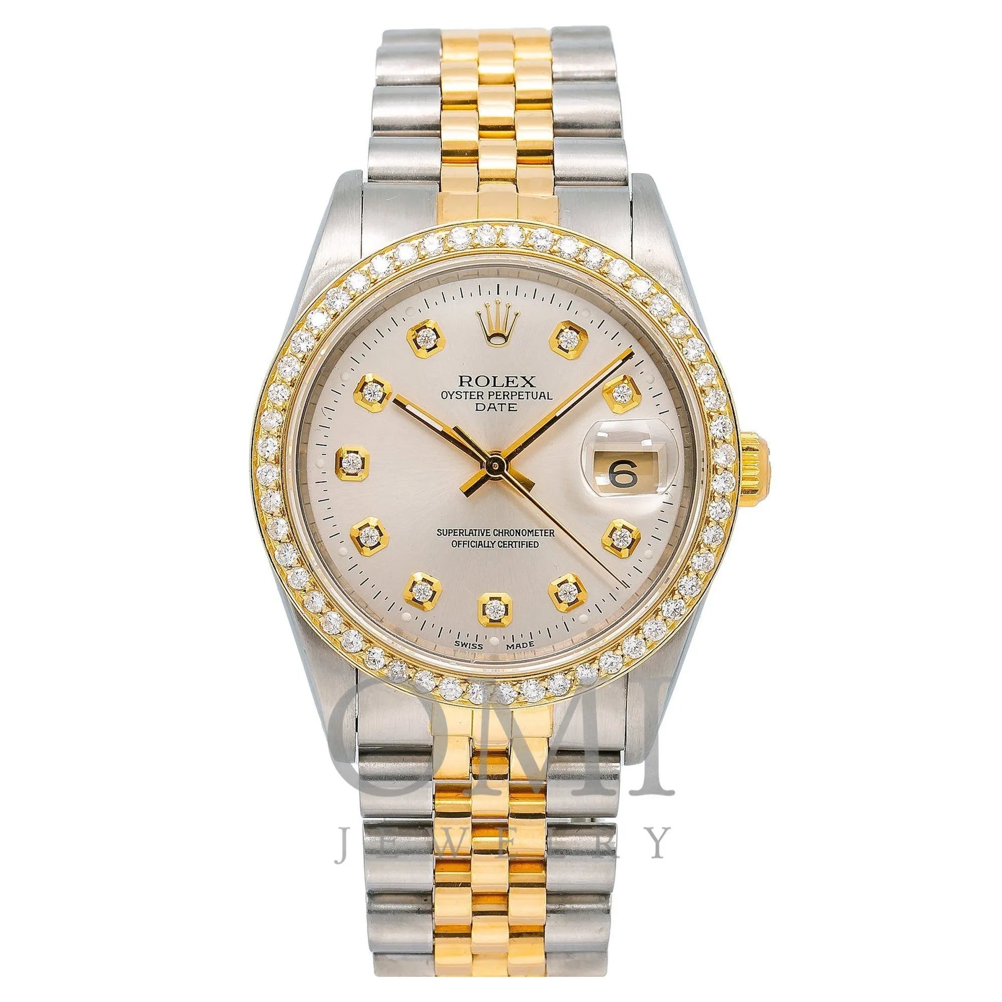 Rolex Date 15203 34MM Silver Diamond Dial With Two Tone Jubilee Bracelet