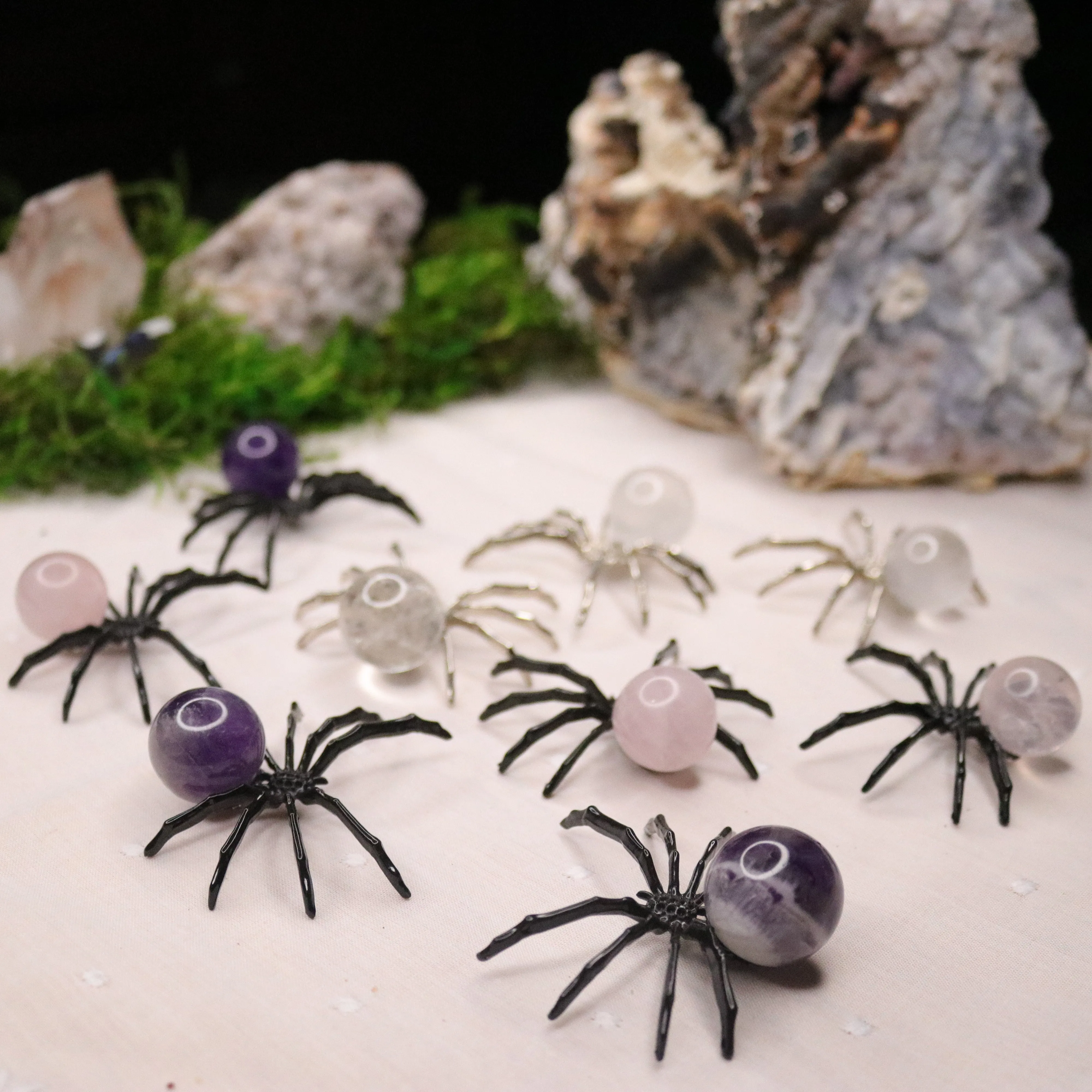 Rose Quartz, Amethyst or Quartz Sphere Spider Trinket ~ Spooky and Fun