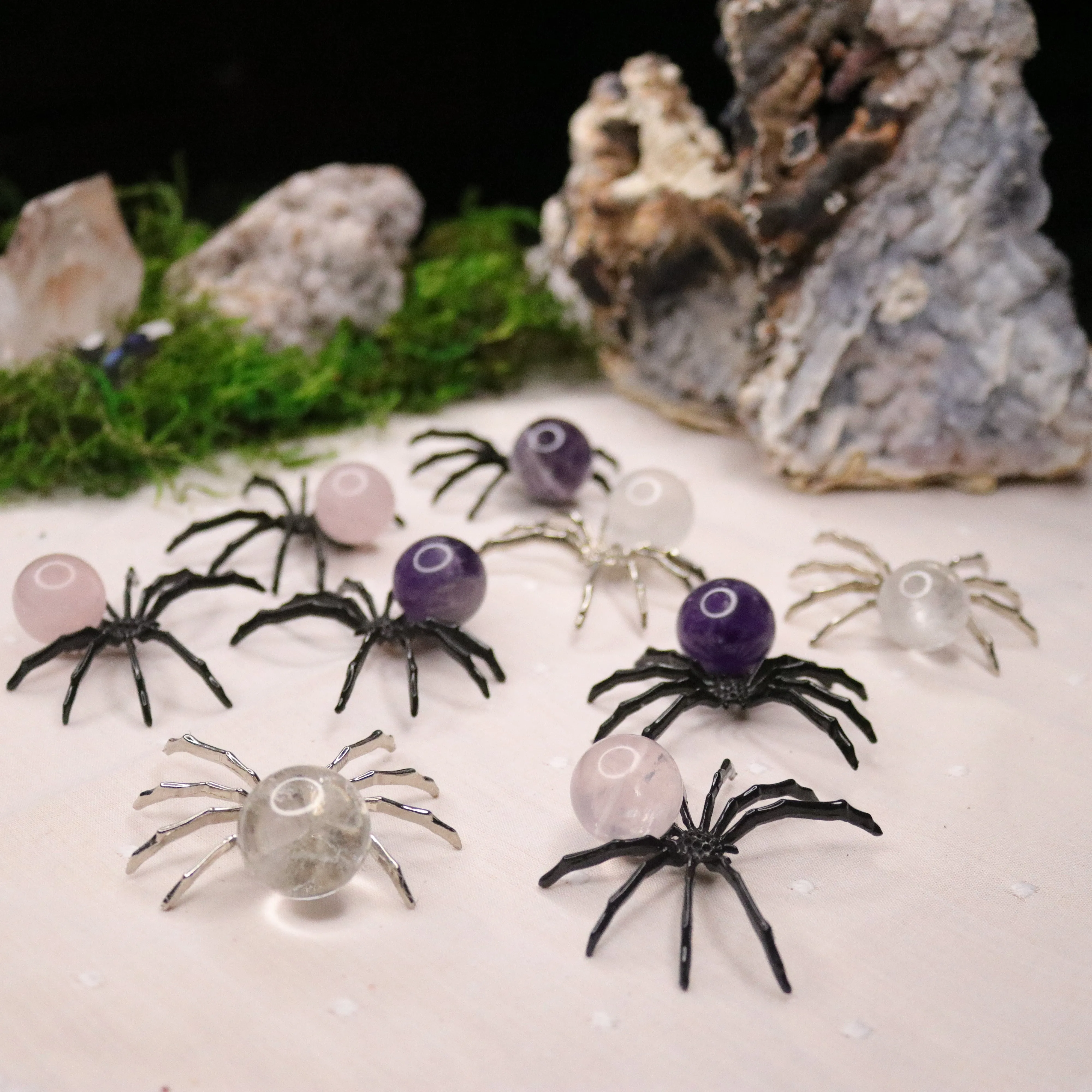 Rose Quartz, Amethyst or Quartz Sphere Spider Trinket ~ Spooky and Fun