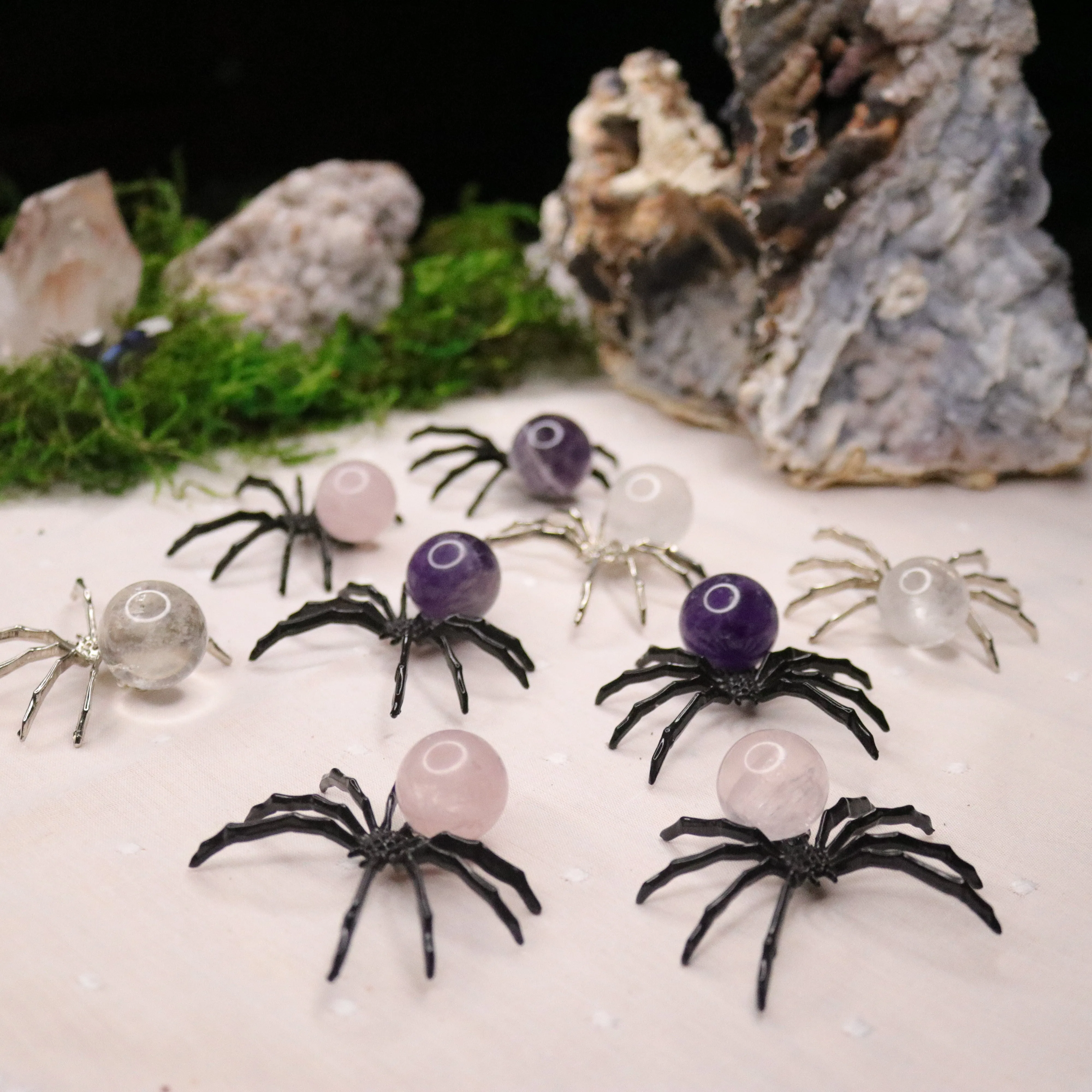 Rose Quartz, Amethyst or Quartz Sphere Spider Trinket ~ Spooky and Fun