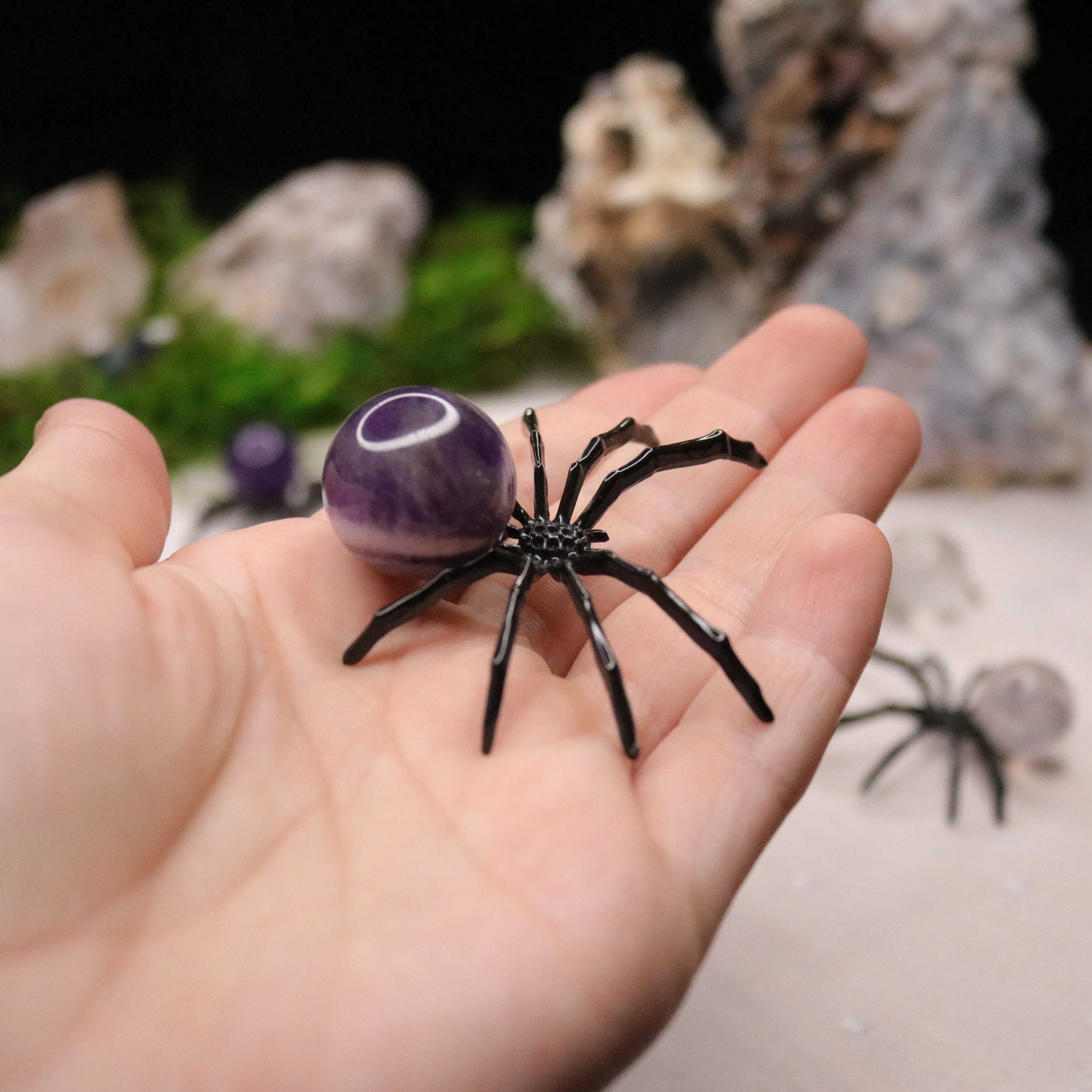 Rose Quartz, Amethyst or Quartz Sphere Spider Trinket ~ Spooky and Fun