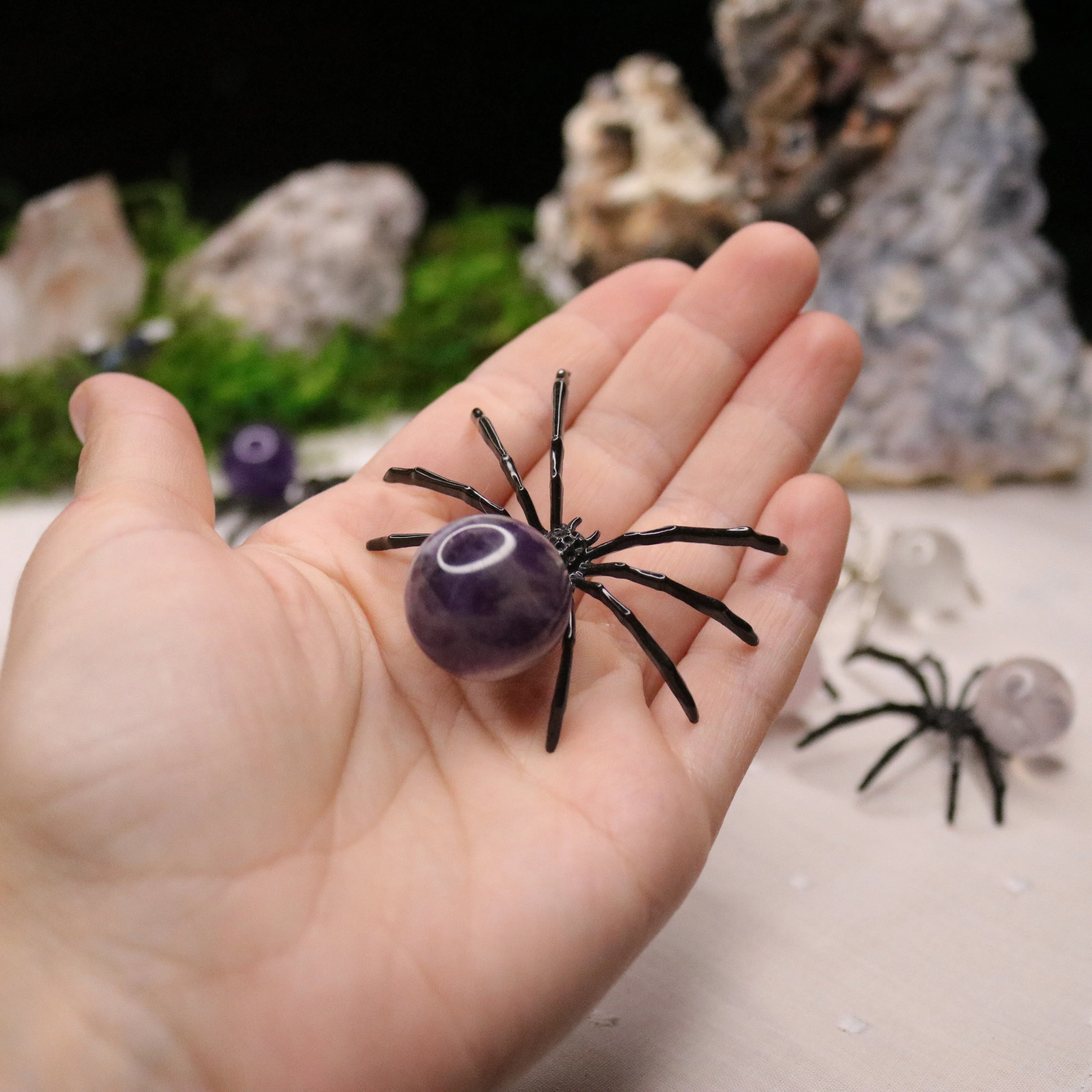 Rose Quartz, Amethyst or Quartz Sphere Spider Trinket ~ Spooky and Fun