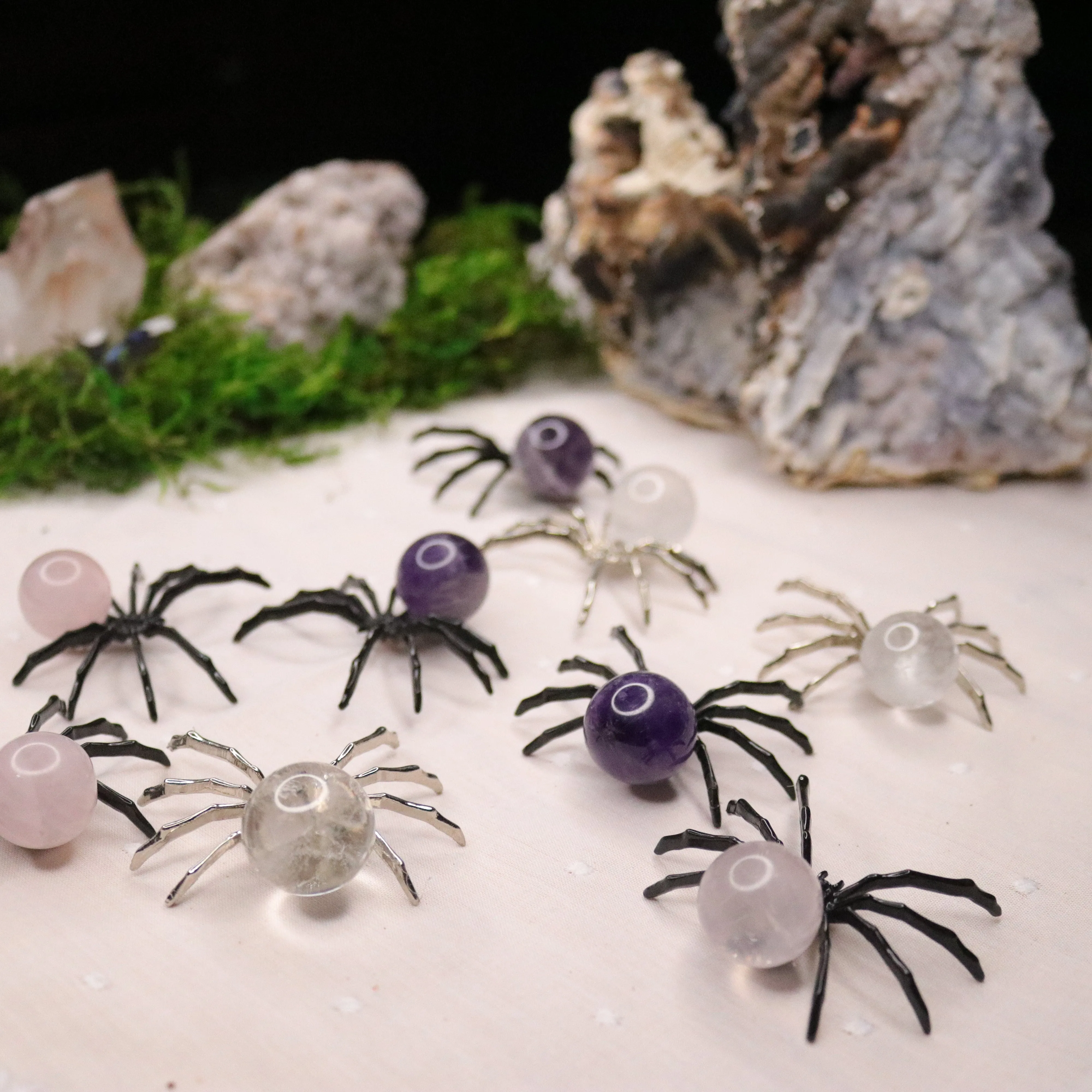 Rose Quartz, Amethyst or Quartz Sphere Spider Trinket ~ Spooky and Fun