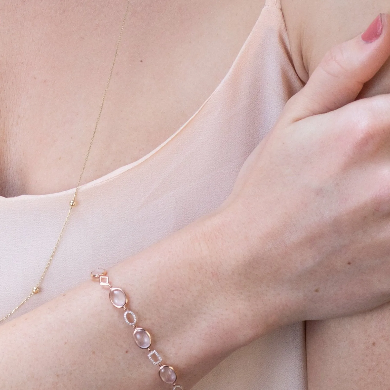 Rose Quartz and Geometric Diamond Link Bracelet