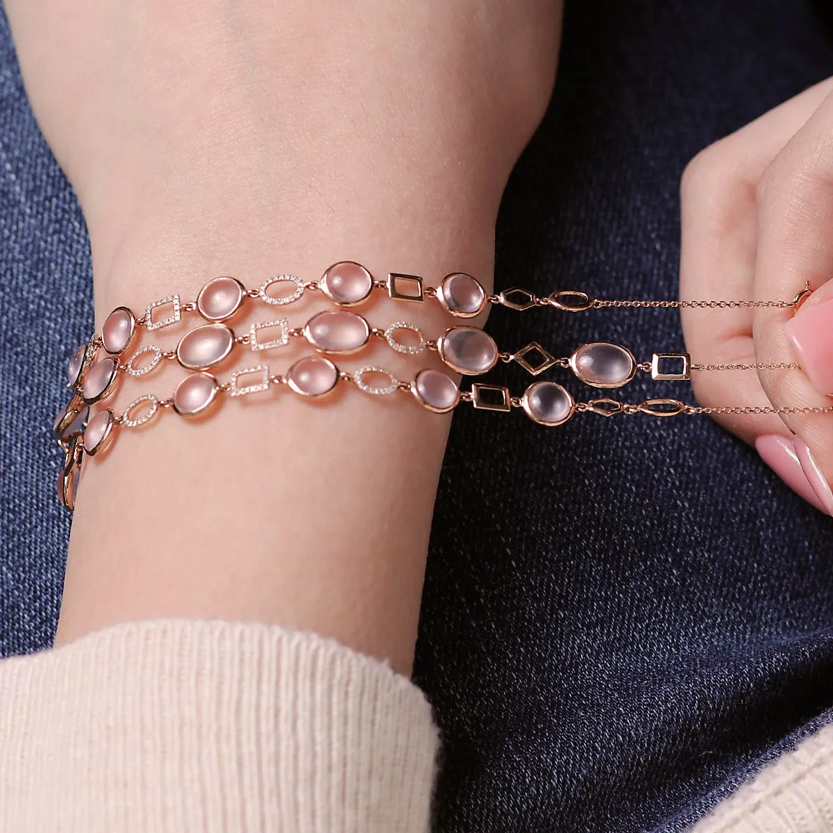 Rose Quartz and Geometric Diamond Link Bracelet