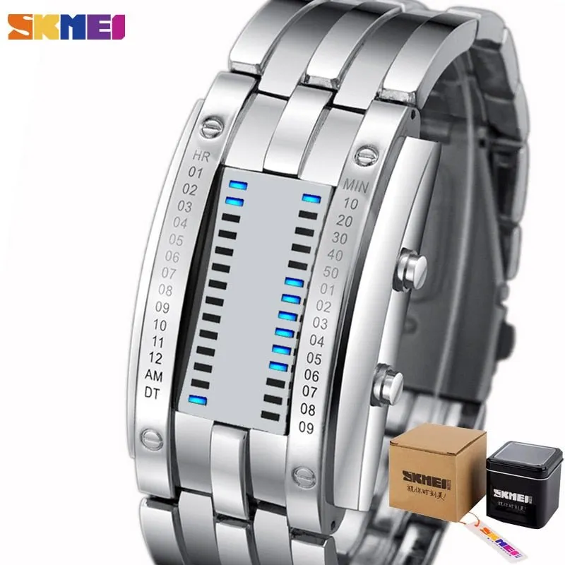 SKMEI  0926 Fashion Creative Sport Watch Men Stainless Steel Strap LED Display Watches 5Bar Waterproof Digital Watch reloj hombre