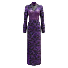 SPARKLE BY KAREN CHAN x  HK Heritage Museum【TRANSISTOR RADIO】100% Silk & Leather Blackpurple Cheongsam Party Dress (Long Sleeve) (我們的兒時玩意) (收音機)