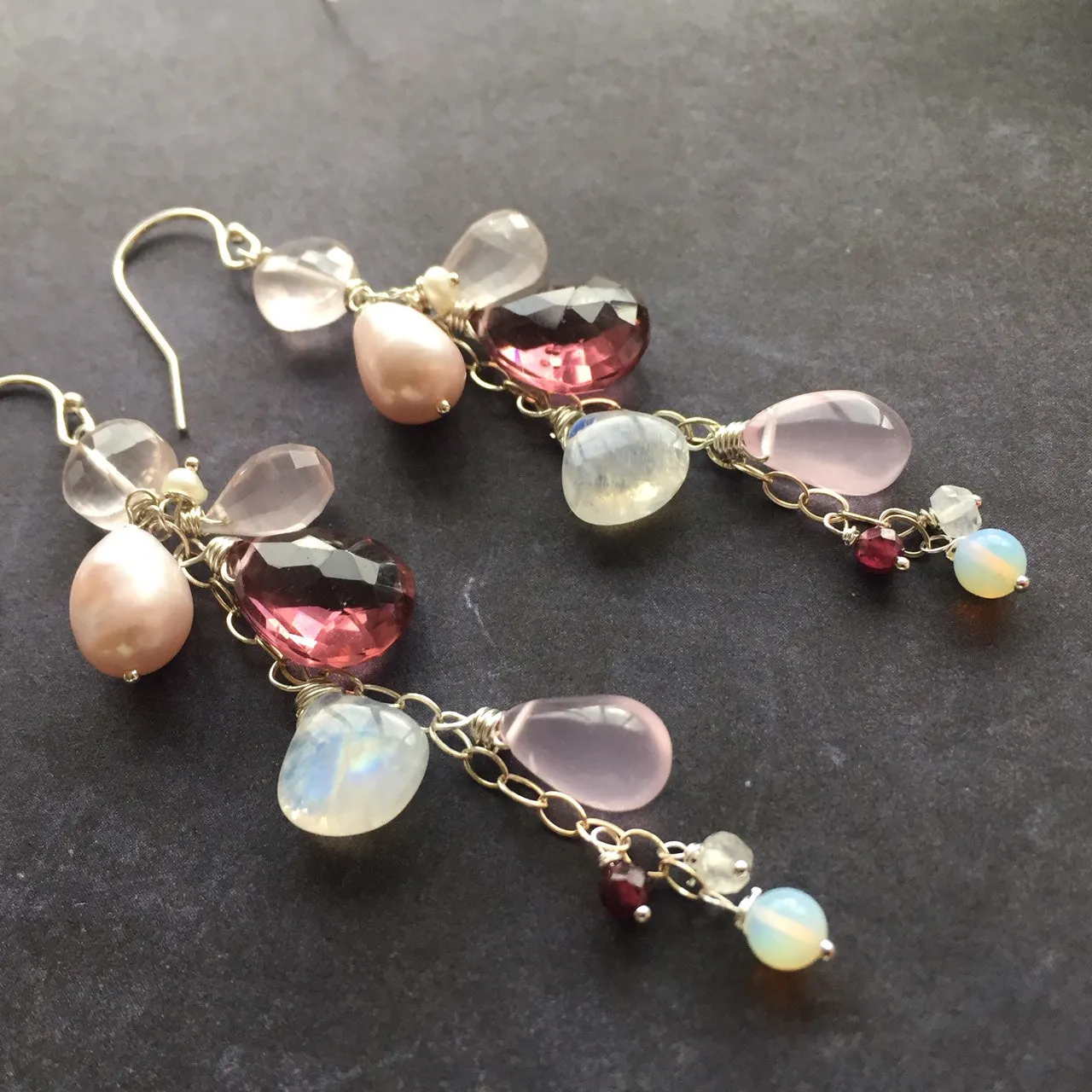 Spring Ahead Pearl Rose Quartz Dangles OOAK