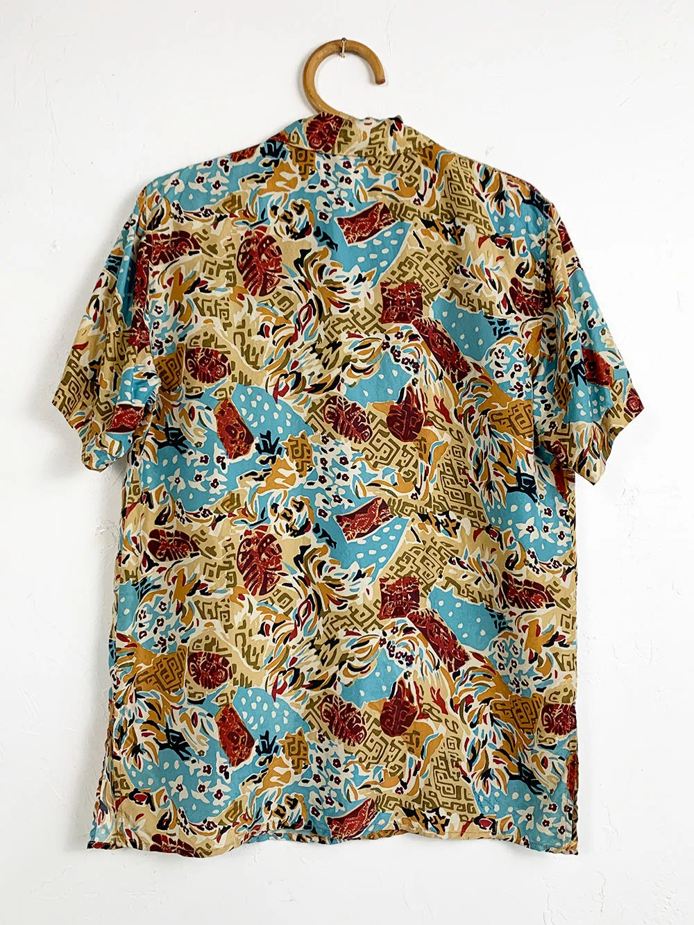 STUNT Graphic Print Blue and Tan Silk Button Up