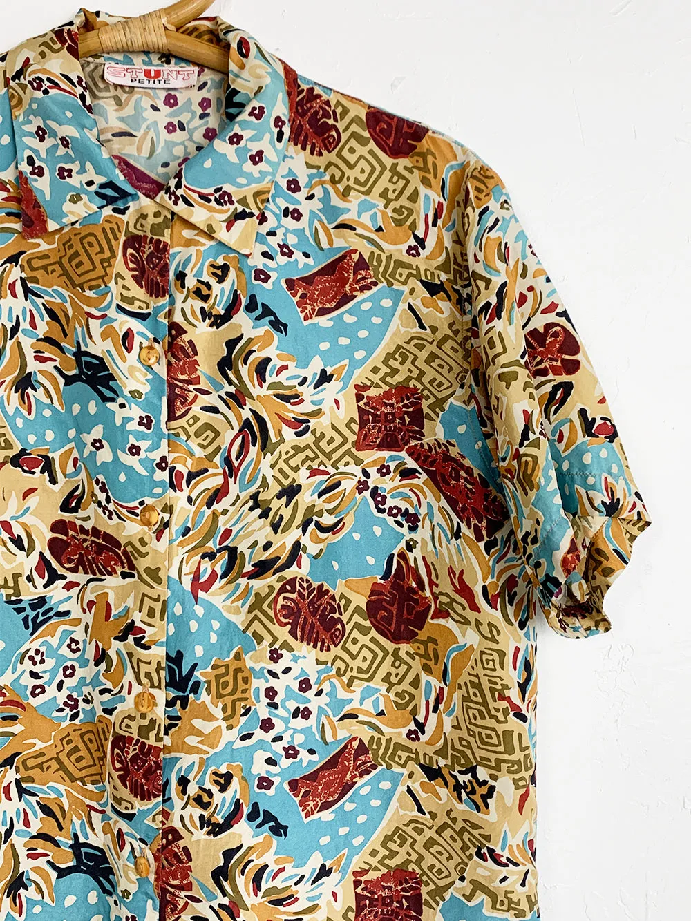 STUNT Graphic Print Blue and Tan Silk Button Up