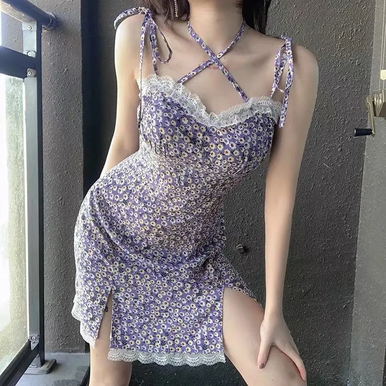 SWEET PURPLE FLORAL SLIM SLING DRESS BY30003