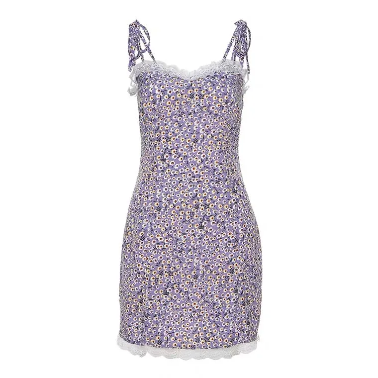 SWEET PURPLE FLORAL SLIM SLING DRESS BY30003