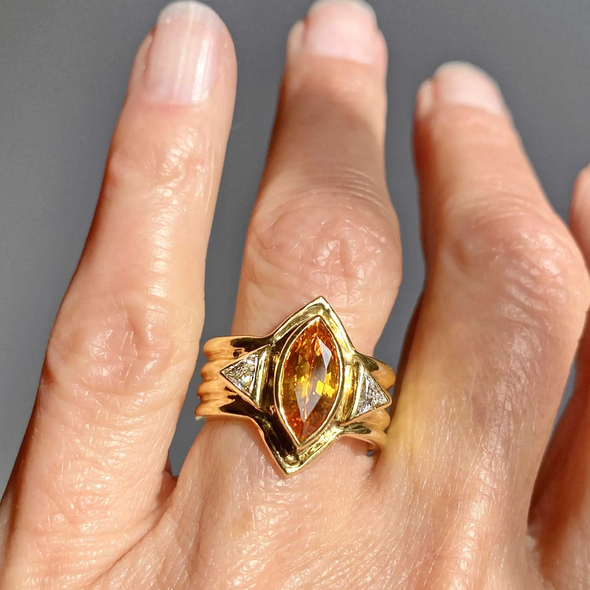 Vintage 18K Gold Trillion Diamond Citrine Ring, Wide Band