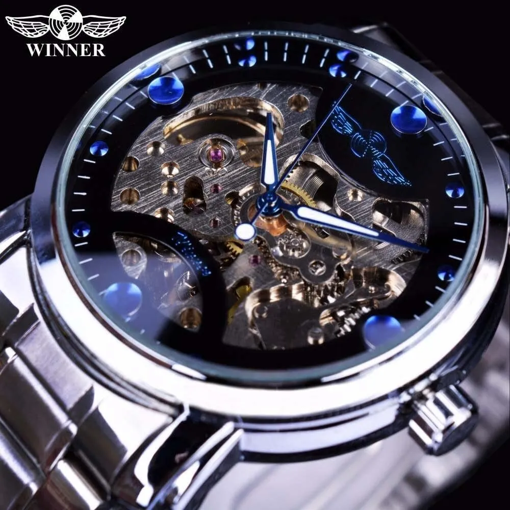 Winner Blue Ocean Fashion Casual Designer Stainless Steel Men Skeleton Watch Automatic