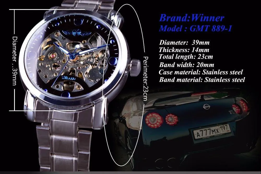 Winner Blue Ocean Fashion Casual Designer Stainless Steel Men Skeleton Watch Automatic