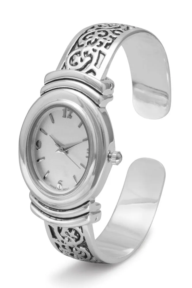 Women's Oxidized Scroll Design Hinged & White Dial Fashion Cuff Watch