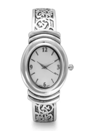 Women's Oxidized Scroll Design Hinged & White Dial Fashion Cuff Watch